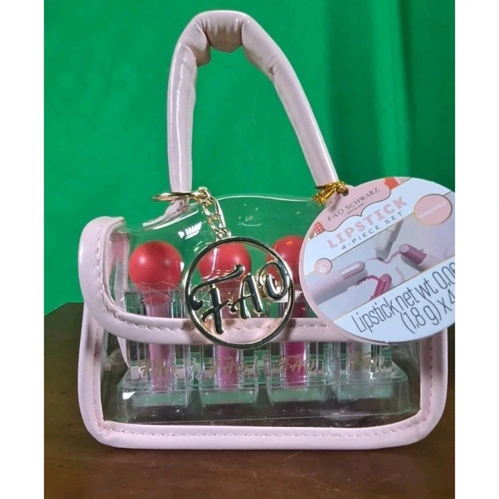 NIP FAO Schwarz Lipstick Set - 4pc with a Pink and Clear Purse - Pink Lilac Silv